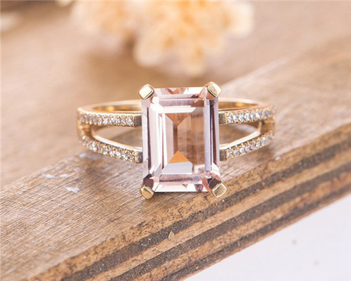 Emerald Cut Morganite Engagement Ring Rose Gold Split Shank Diamond ...