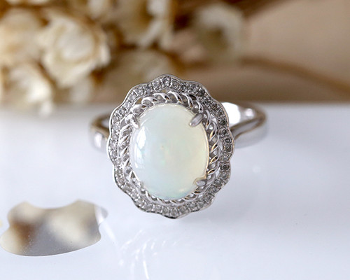 Oval Cut Opal Engagement Ring White Gold Bridal Cluster October ...