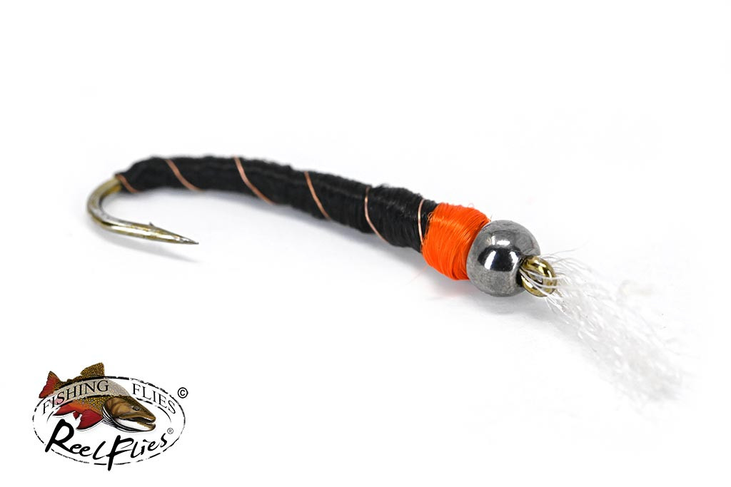 Flo orange BH Chironomid long shank bead head trout fly for stillwater fishing in Canada