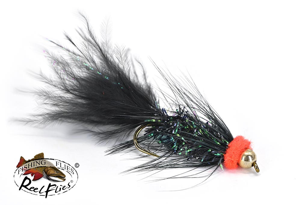 BH Egg Sucking Krystal Leech black with orange collar bead head leech fly for trout fishing in Canada