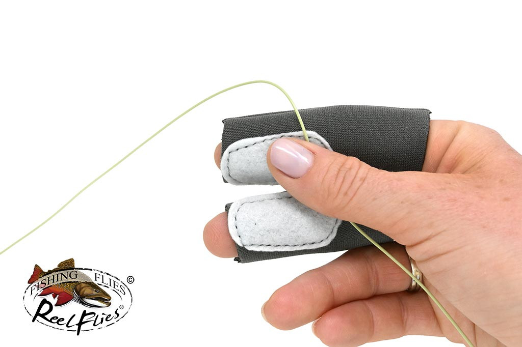 ReelFlies Ultra Fly Line Stripping Guard protecting angler’s finger from fly line burns during retrieval