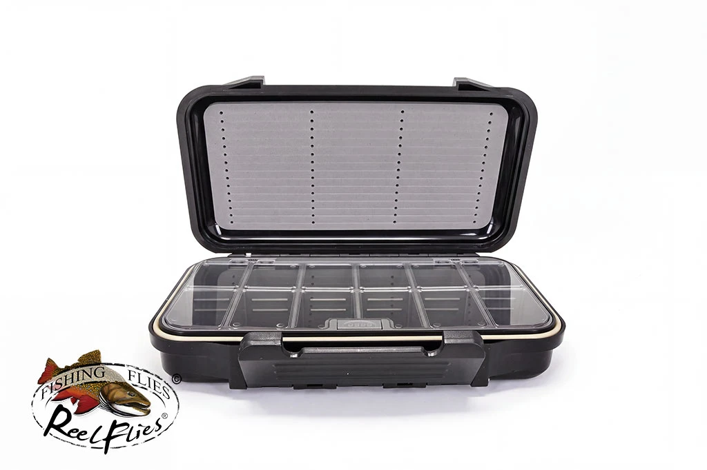 Front view of the open ReelFlies fly box showing the foam insert, clear compartment lid and outer closure