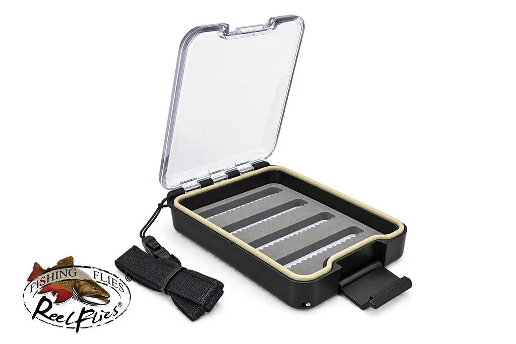 Open ReelFlies compact fly box showing slotted foam, clear lid and attached strap