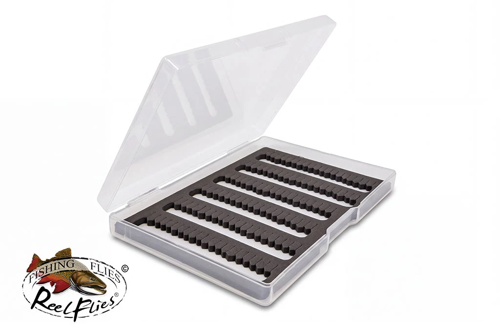 ReelFlies® Economy Fly Box with clear lid and six rows of slotted foam
