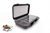 ReelFlies combination fly box open at an angle, showing slotted foam and 12 compartments beneath a clear lid