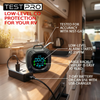 TESTPRO Portable CO detector being used in an RV, powered by a USB charger that is included with purchase.