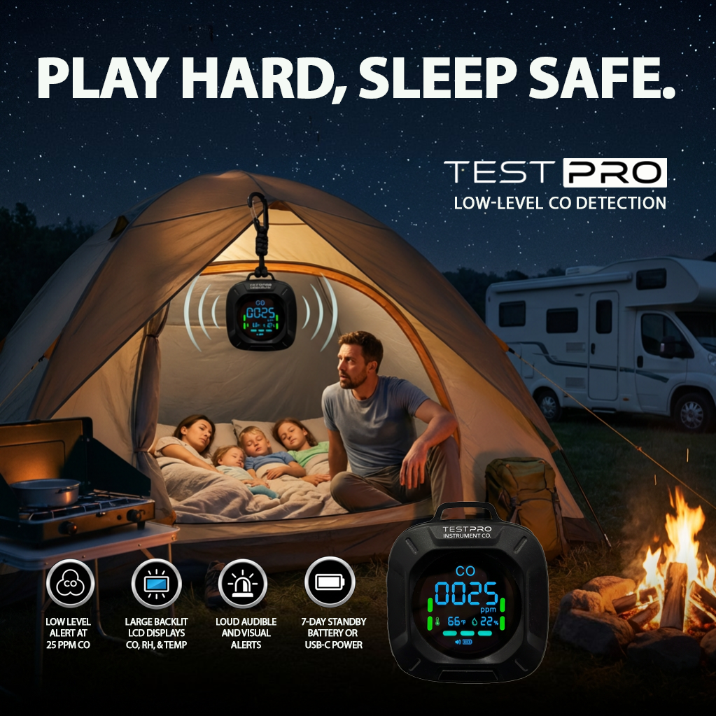 TESTPRO Portable CO detector being used inside a tent and alerting the occupants to unsafe levels of carbon monoxide.