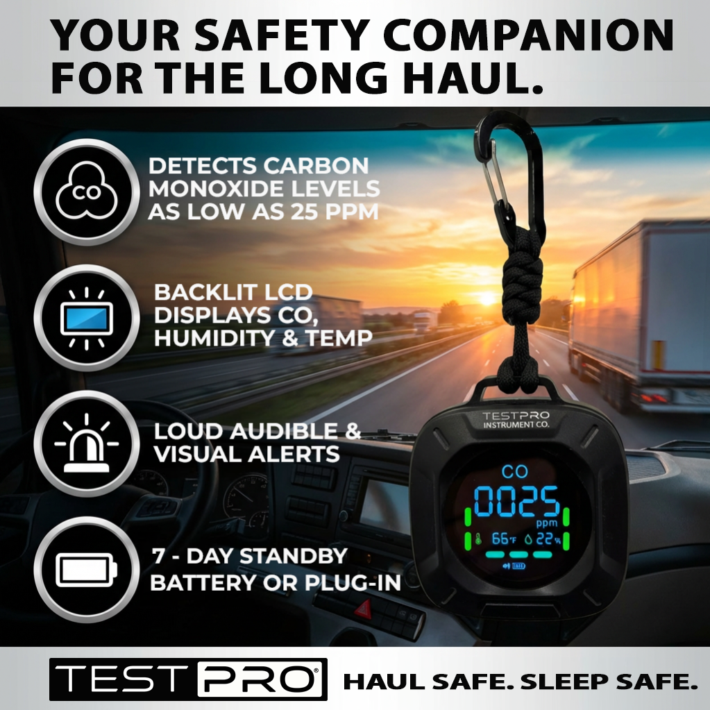TESTPRO Portable CO detector being used inside a big rig truck to protect the driver while sleeping and driving