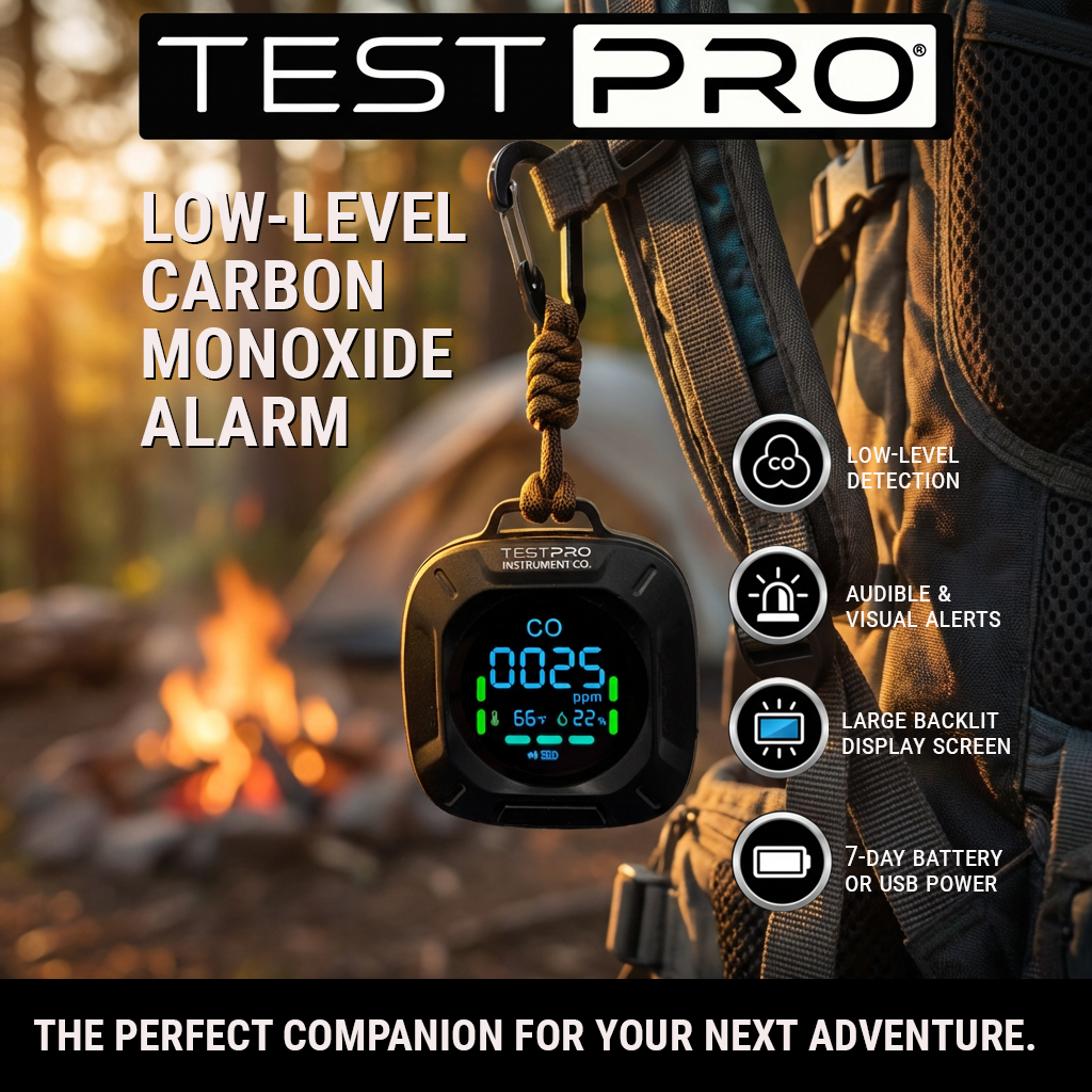 TESTPRO Portable CO detector clipped to the backpack of a camper to protect from carbon monoxide poisoning.
