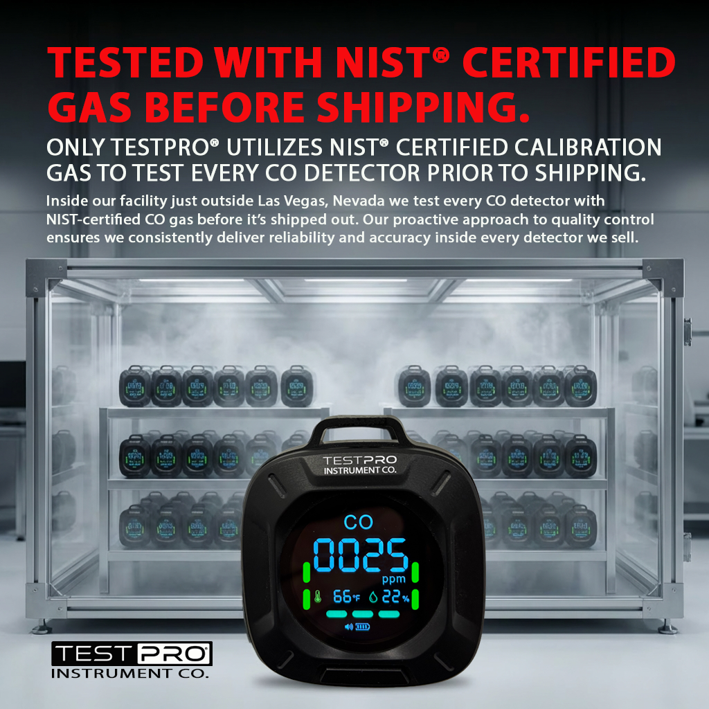 Low-level Portable CO Detector for camping, RV, Trucks, Hotels, Cars & Boats. Visual/Audible Alerts, Battery + Car Charger, Calibrated in USA, by TESTPRO