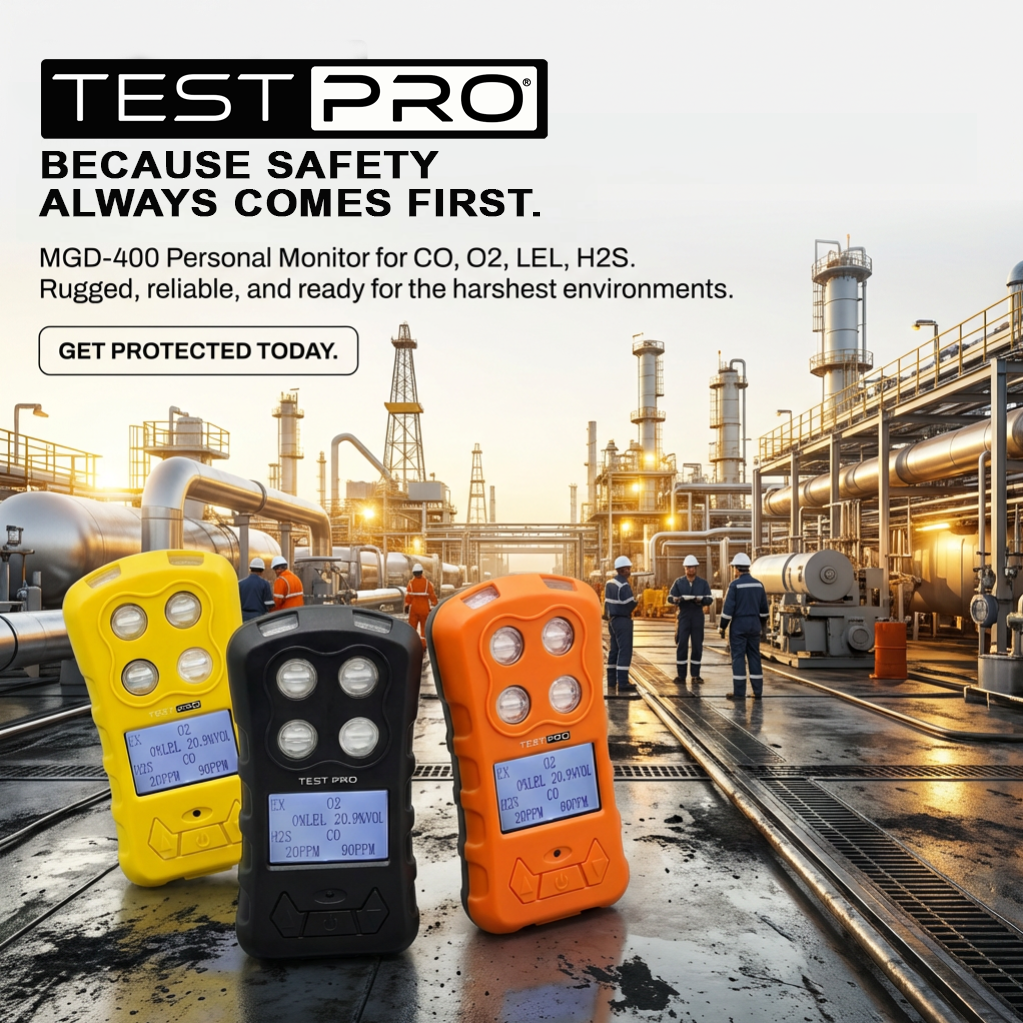 TESTPRO 4-gas Monitor with datalogging, adjustable alarms, visual/audible/vibrating alerts, IP65 rated, home & car chargers