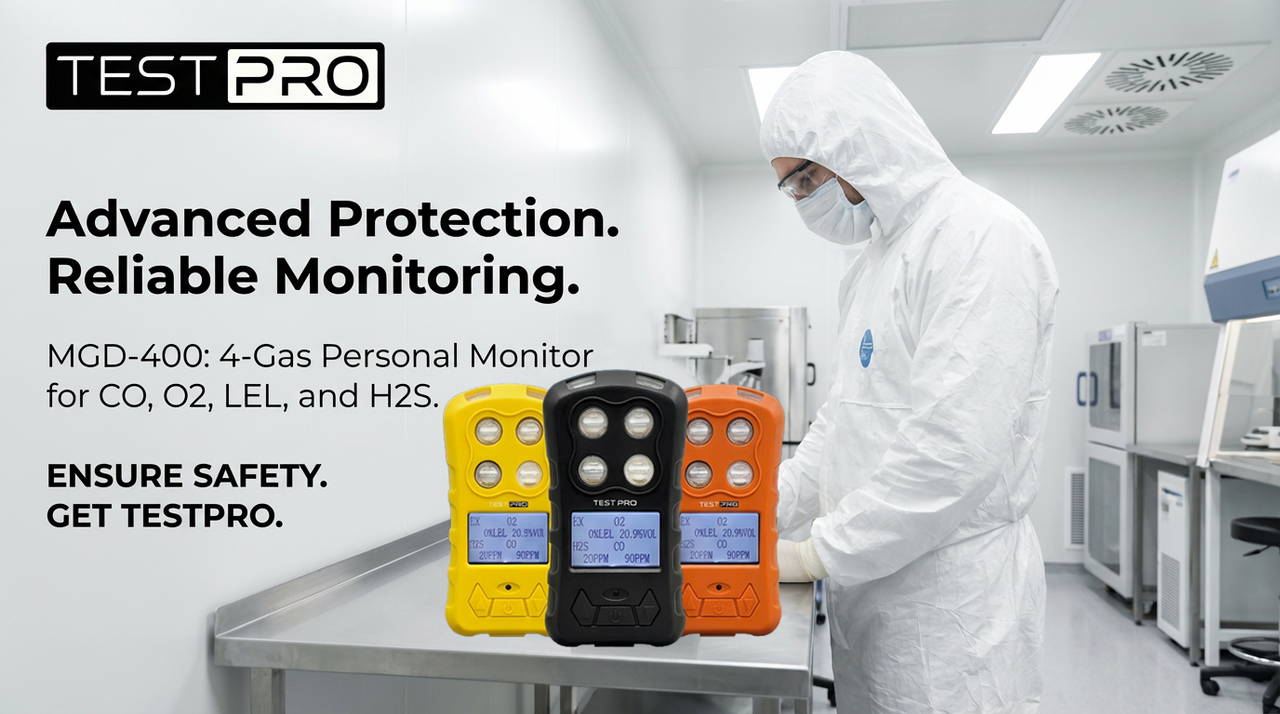 TESTPRO 4-gas Monitor with datalogging, adjustable alarms, visual/audible/vibrating alerts, IP65 rated, home & car chargers