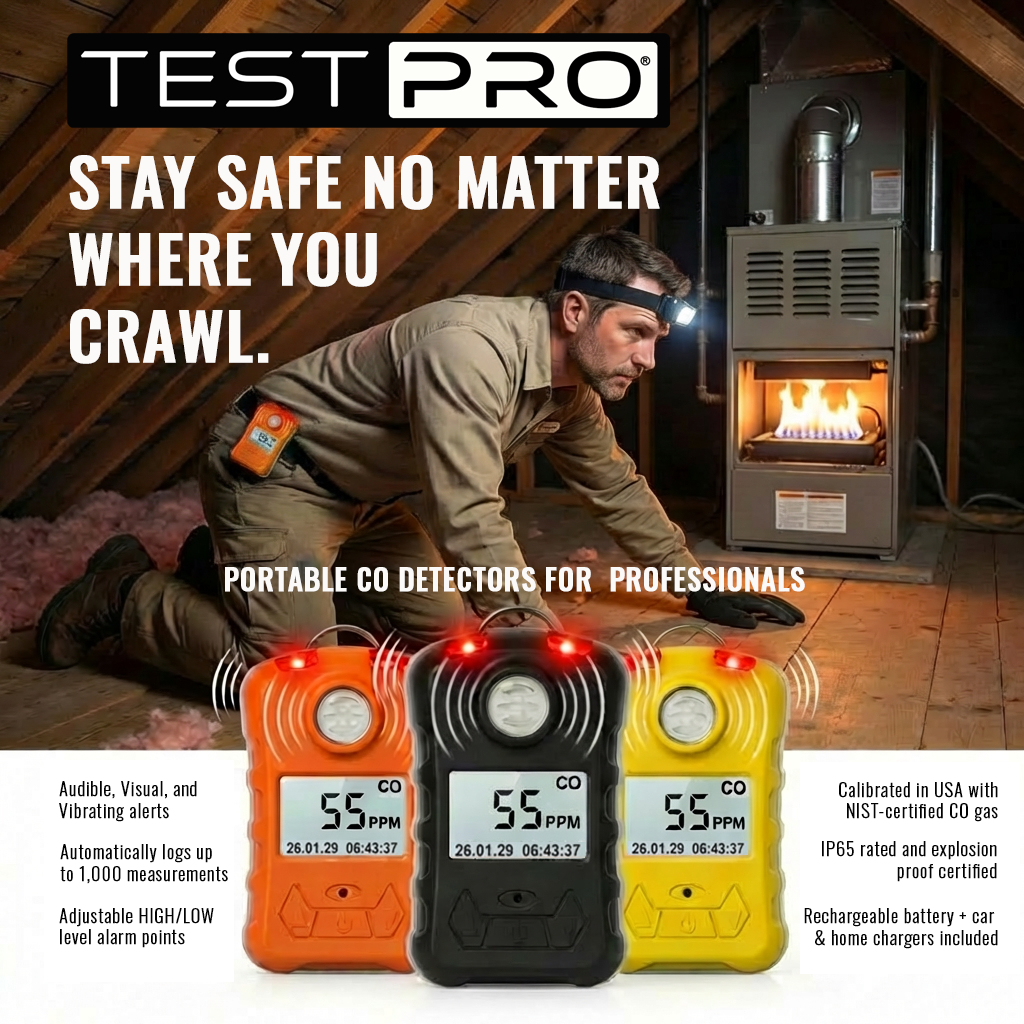 TESTPRO Carbon Monoxide personal monitor, adjustable alarm points, 3 alarm modes, datalogging, home & car chargers included