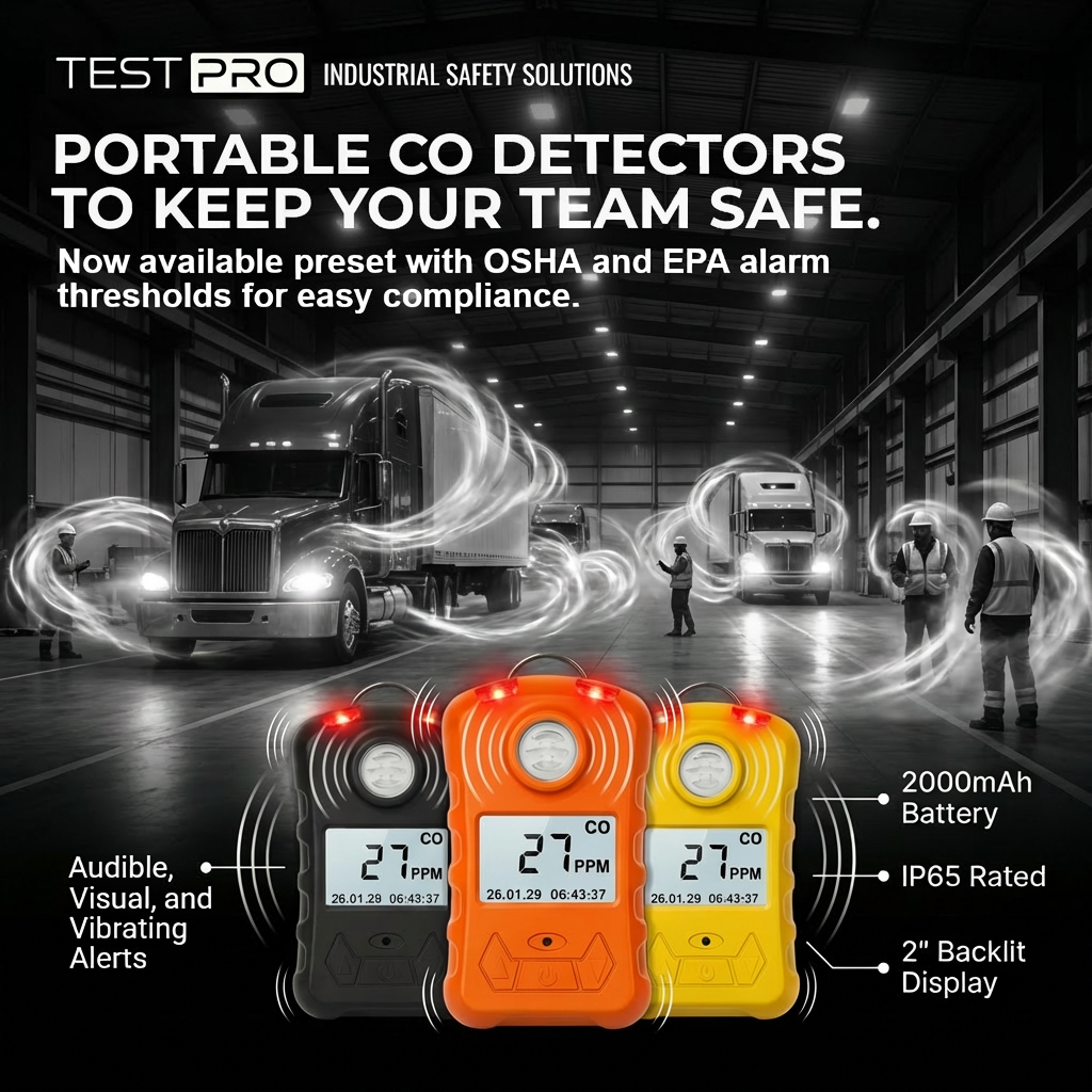 TESTPRO Carbon Monoxide personal monitor, adjustable alarm points, 3 alarm modes, datalogging, home & car chargers included