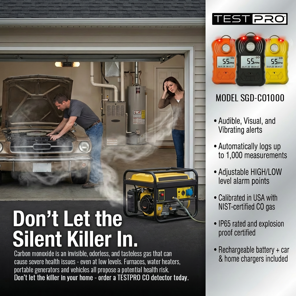 TESTPRO Carbon Monoxide personal monitor, adjustable alarm points, 3 alarm modes, datalogging, home & car chargers included