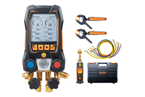 testo 570s Smart Vacuum Kit with filling hoses - Smart digital manifold with wireless vacuum and clamp temperature probes and 4-piece hose filling set