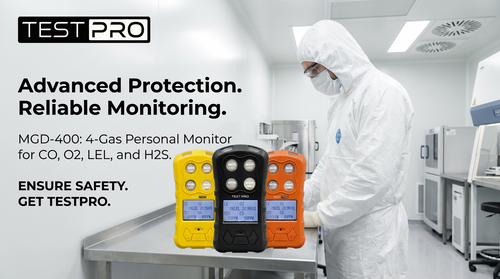 TESTPRO 4-gas Monitor with datalogging, adjustable alarms, visual/audible/vibrating alerts, IP65 rated, home & car chargers