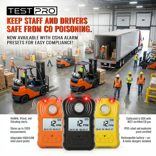 TESTPRO Carbon Monoxide personal monitor, adjustable alarm points, 3 alarm modes, datalogging, home & car chargers included