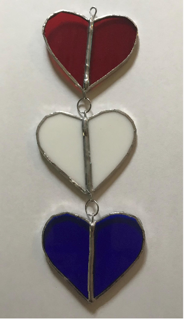 6.5"  Stained Glass Trio of Hanging Red, White and Blue Hearts