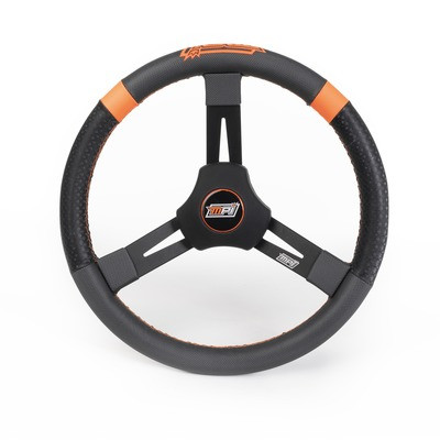 Steering Wheel, Dirt karting / Micro sprint / Mini outlaw, 15 in Diameter, 2.25 in Dish, 3-Spoke, Synthetic Grip, Orange Stripes, Aluminum, Black Anodized