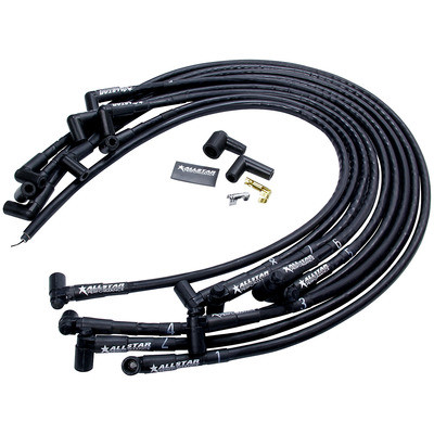 Spark Plug Wire Set, Spiral Core, 8 mm, Sleeved, Black, 90 Degree Plug Boots, HEI Style Terminal, Under Header, Small Block Chevy, Kit