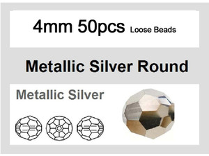 4mm Metallic Silver Crystal Faceted Round Loose Beads 50pcs. [iuc6b16]