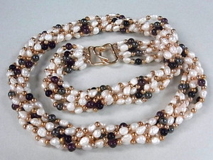 4-5mm 6-Row Freshwater Pearl Necklace 20" + Hematite, Onyx, Garnet , A Grade Lustre [p306c]