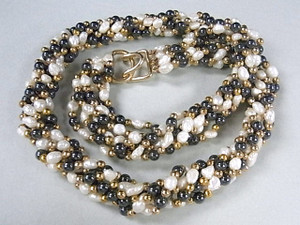 4-5mm 6-Row Freshwater Pearl Necklace 20" With Hematite Beads , A Grade Lustre [p306e]