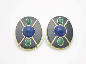 25x30mm Black Onyx, Malachite, Lapis Earring With 14k 585 Gold Setting [e3257]