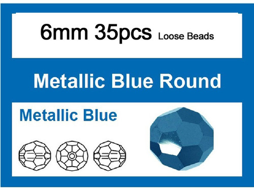 6mm Metallic Blue Crystal Faceted Round Loose Beads 35pcs. [iuc7b21]