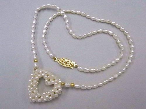 4-5mm Freshwater Pearl Necklace 17" + 25mm Pearl Heart AA Grade Lustre [p101c]