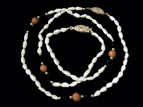 4-5mm Freshwater Pearl Necklace 17" & Bracelet 7.5" Red Jasper & Black Onyx , A Grade Lustre [p101h]