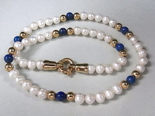 6-7mm Freshwater Pearl Necklace 18" + Lapis, 18K G.P.Clasp AA Grade Lustre [p102c]