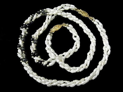 4-5mm 3-Row Freshwater Pearl Necklace 18" & Bracelet 7.5" Hematite , A Grade Lustre [p103b]
