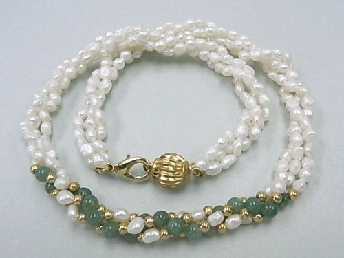 4-5mm 3-Row Freshwater Pearl Necklace 18" + Aventurine , A Grade Lustre [p103k]