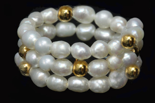 4mm Freshwater Pearl Memory Wire Ring 8pcs14K 585 Gold Beads (Free Size) , AA Grade Lustre [p206a]