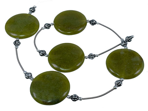 30mm Olivine Jade Twisted Coin Beads + French Wire 15.5" natural [wa290b]