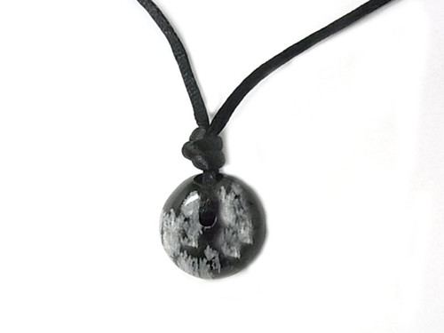 22mm Snowflake Obsidian Dome (10mm Thick, 3mm hole) Pendant with Satin Black Cord 36" [y907dr]