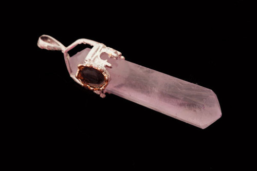 925 Sterling Silver 42mm Rose Quartz Healing Crystal Point Pendant With Black Onyx Cabochon [y736a]