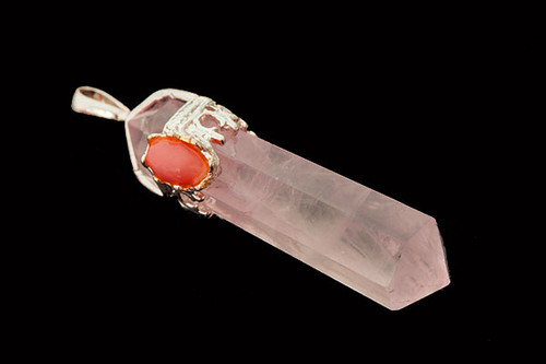 925 Sterling Silver 42mm Rose Quartz Healing Crystal Point Pendant With Coral Cabochon [y736e]
