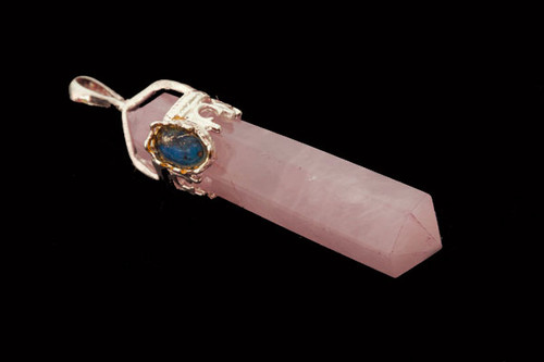 925 Sterling Silver 42mm Rose Quartz Healing Crystal Point Pendant With Lapis Cabochon [y736b]