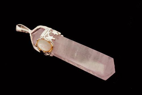 925 Sterling Silver 45mm Rose Quartz Healing Crystal Point Pendant With Mother Of Pearl Cabochon [y809g]