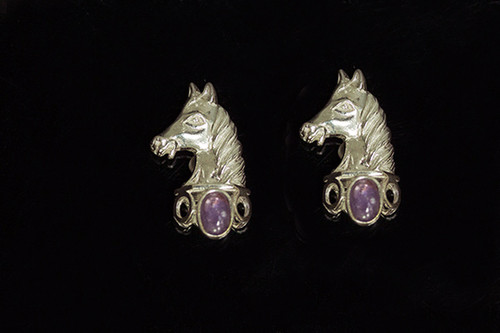 925 Sterling Silver 25mm Horse Pendant With Amethyst Cabochon [y728a]