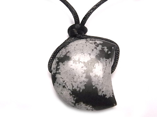 30mm (10mm Thick) Snowflake Obsidian Half Moon With Cord Neckalce 36" [y312f]