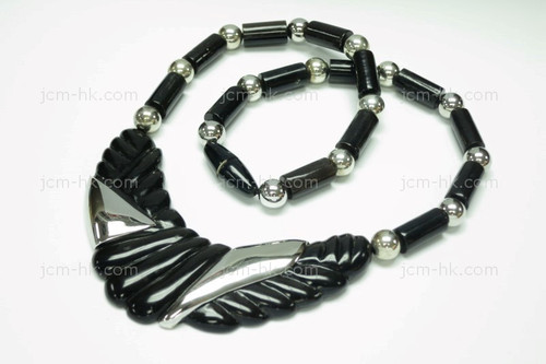 80x30mm Buffalo Horn Onyx Beads 925 Sterling Silver Necklace 18" [z7691]