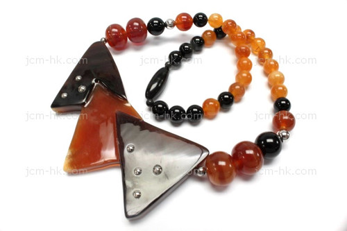 22x52mm Amber & Buffalo Horn Necklace 18" with 925 Silver [z7540]