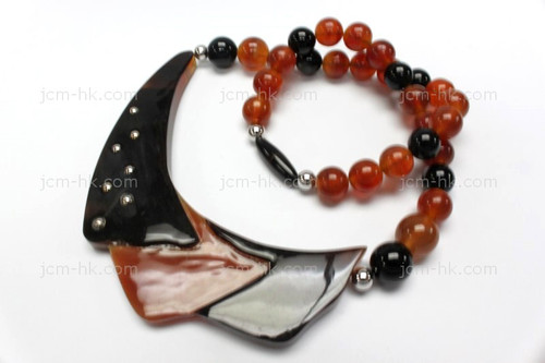 38x26mm Amber Horn & Buffalo Bone Necklace 18" with 925 Silver [z7598]