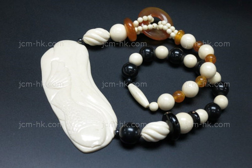 38x100mm buffalo Bone Fine Carved & Buffalo & Amber Horn Necklace 18" [z7711]