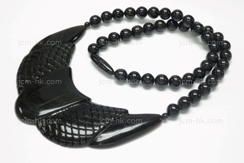 92x40mm Buffalo Horn & Onyx Beads Necklace 18" [z7756]