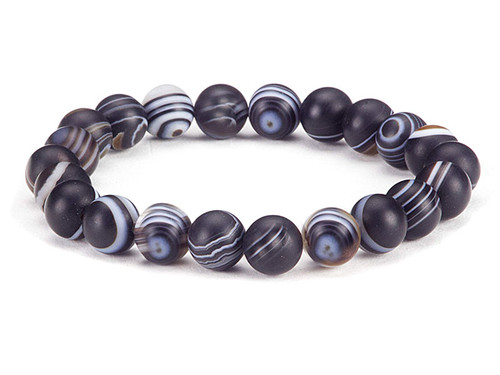 4mm Matte Black Stripe Agate Elastic Bracelet 7.5" dyed [b1f26m]